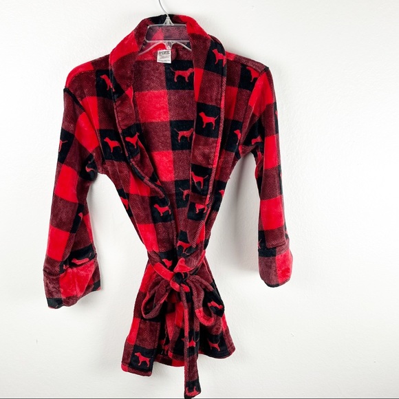 PINK VICTORIA’S SECRET Red Black Plaid Plush Signature Dog Logo Short Robe XS/S - Picture 1 of 9